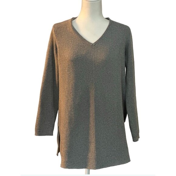 J. Jill Women’s Gray Textured Knit V-Neck Sweater Tunic Size M Cotton Blend - Picture 1 of 9
